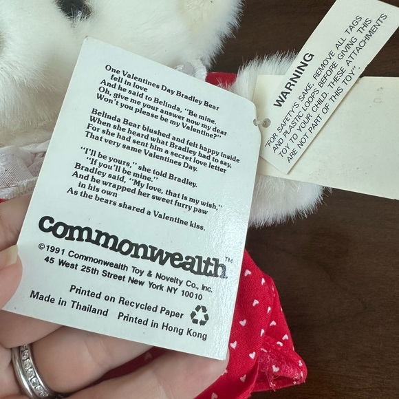 Vintage 1991 Commonwealth White Teddy Bear with Red and White Dress and Bow, 11" - Picture 3 of 4